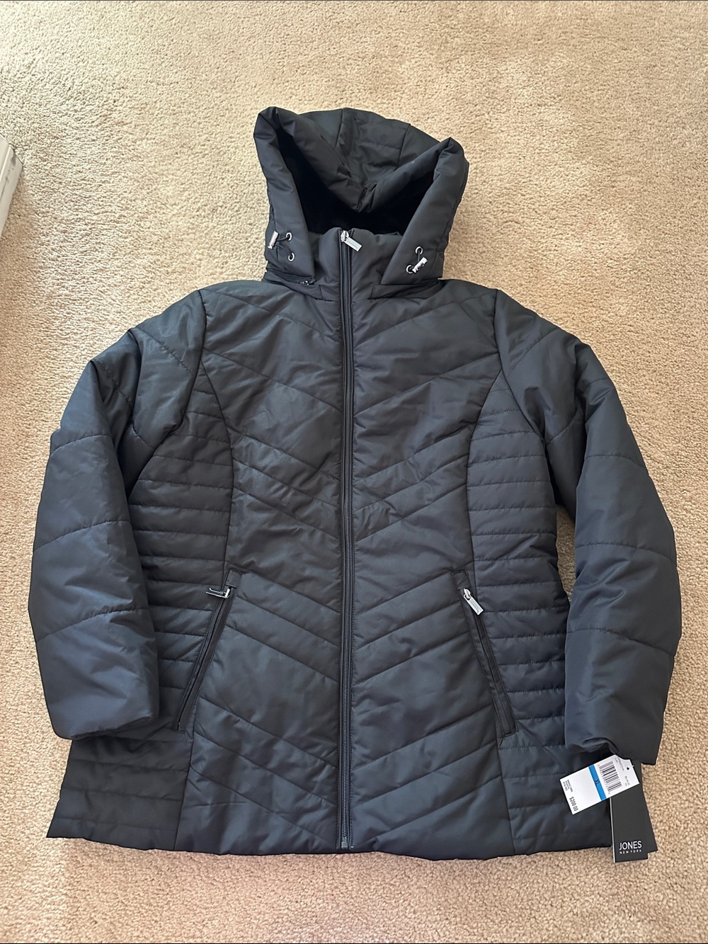 Jones New York Black Hooded Quilted Puffer Jacket